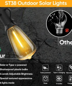 guirnalda de luces alimentada por energía solar st38 de 10m, 18m, 30m, bombilla de filamento led de 24v, guirnalda de adorno solar inastillable para decoración de jardín y fiestas en patio