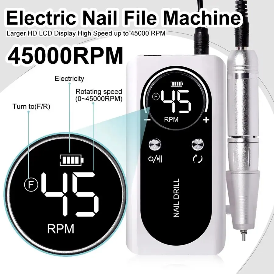 taladro de uñas portátil eléctrico profesional de 45000rpm, lima lijadora de uñas recargable de poco ruido para herramienta de salón de manicura taladro de uñas portátil eléctrico profesional de 45000rpm, lima lijadora de uñas recargable de poco ruido para herramienta de salón de manicura