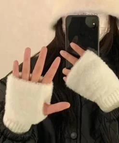 nuevos guantes de medio dedo para mujer: suaves y cálidos para el invierno, guantes sin dedos de punto de felpa de color sólido de lujo