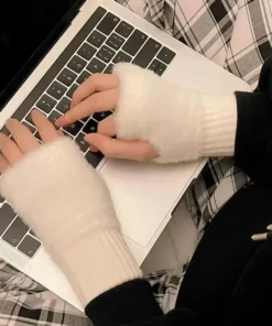 nuevos guantes de medio dedo para mujer: suaves y cálidos para el invierno, guantes sin dedos de punto de felpa de color sólido de lujo