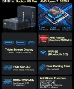 m5 plus gaming mini pc ryzen 7 5825u (actualizado 7430u/ 5700u), 32gb ram 1tb ssd dual nic lan 2.5gbe computadoras de escritorio offi