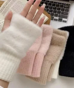 nuevos guantes de medio dedo para mujer: suaves y cálidos para el invierno, guantes sin dedos de punto de felpa de color sólido de lujo
