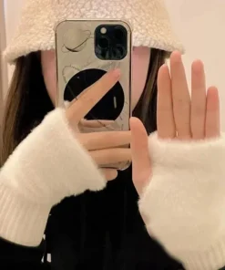 nuevos guantes de medio dedo para mujer: suaves y cálidos para el invierno, guantes sin dedos de punto de felpa de color sólido de lujo